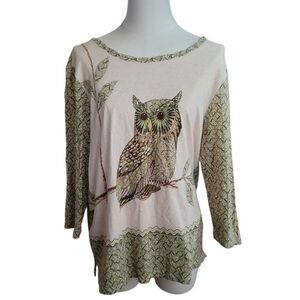 Alfred Dunner Cream Green Gold Beaded Owl Tunic Blouse Size Medium